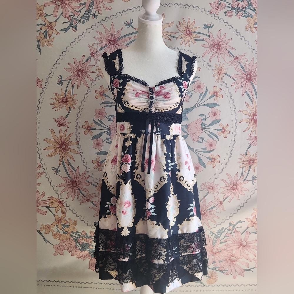 Floral Lace Dress Black Pink Accents Jesus Diamante Gyaru Gal Glam Shibuya Doll